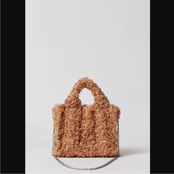 Urban Outfitters Serena Teddy Faux Fur Mini Tote Crossbody Bag with Chain Tan - Picture 3 of 14